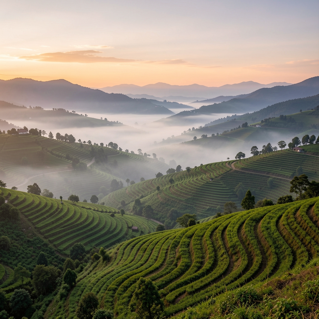 Wide landscape photograph of terraced green hills at dusk with layers of mist, suggesting depth of knowledge and continued discovery