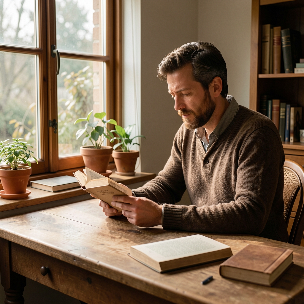 Man sitting at a wooden desk by a window, reading a book in soft afternoon light, surrounded by natural textures