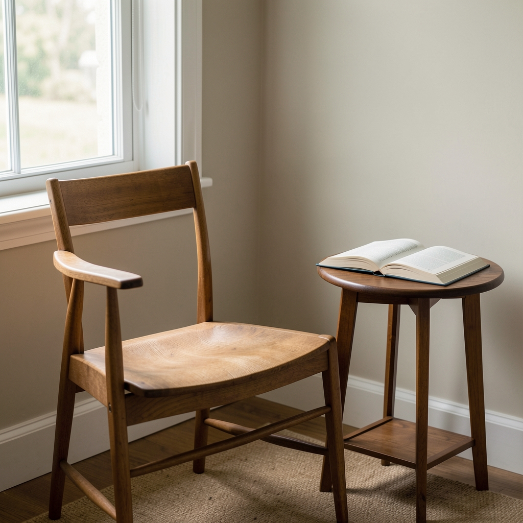Quiet reading corner with a wooden chair, soft natural light from a window, and an open notebook on a small side table