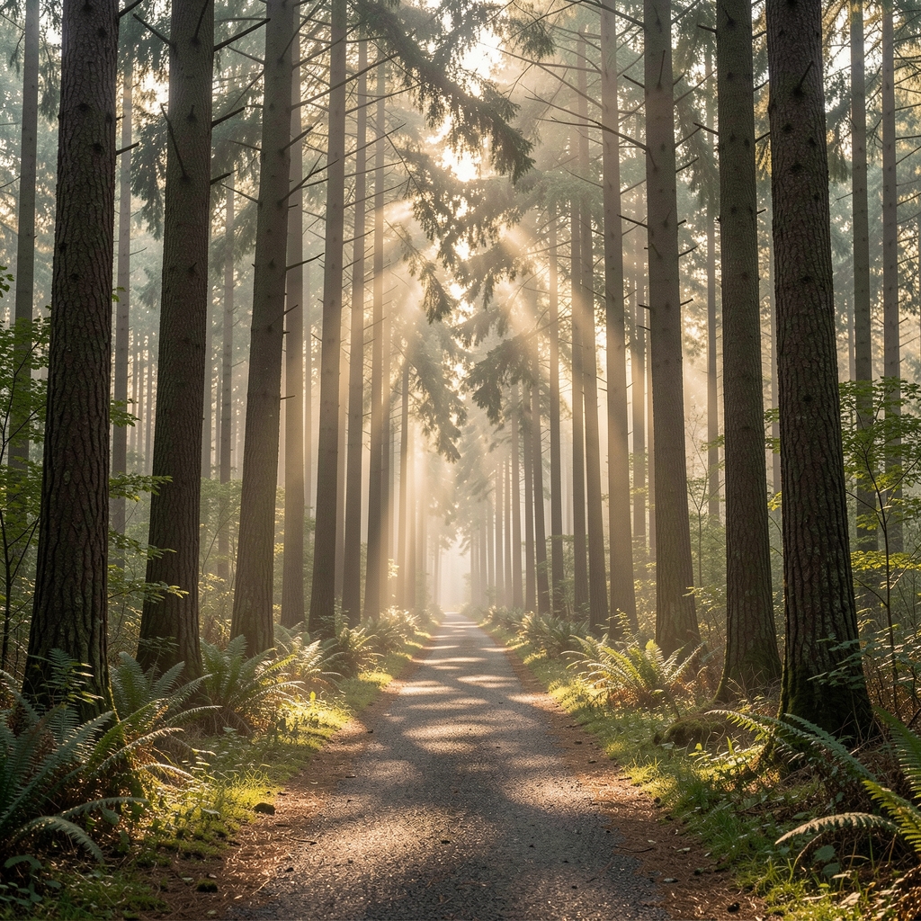 Serene forest path at dawn with diffused morning light filtering through tall trees, evoking calm and thoughtful reflection