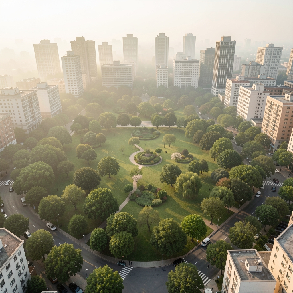 Aerial view of green urban park surrounded by city buildings in soft morning haze, representing the interplay of environment and human health