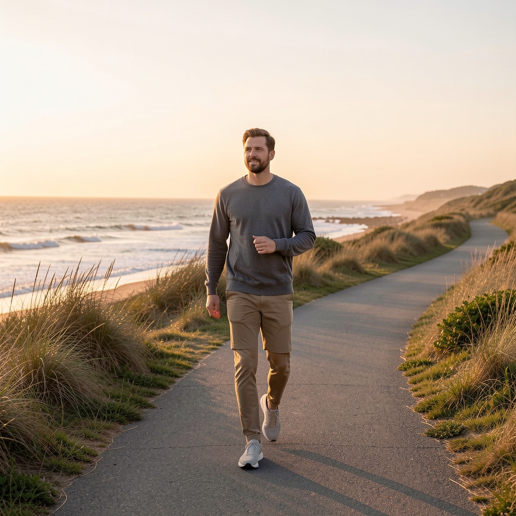 Man walking along a quiet coastal path at sunrise, wearing casual attire, demonstrating a calm and active daily routine