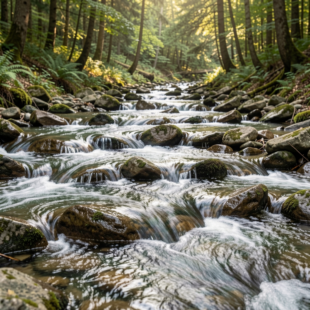 Close-up of flowing river water over smooth stones in a forest, symbolizing natural biological processes and internal balance
